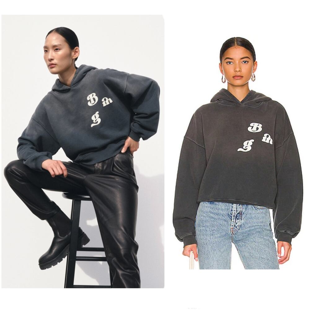 Anine Bing Alec Hoodie Organic Cotton Washed Black Logo Sweatshirt L